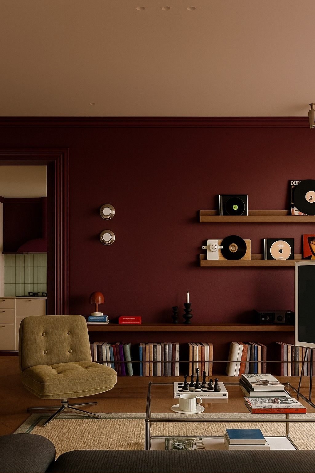 Burgundy lounge with timber shelves of records and books, a mustard armchair and a glass coffee table.