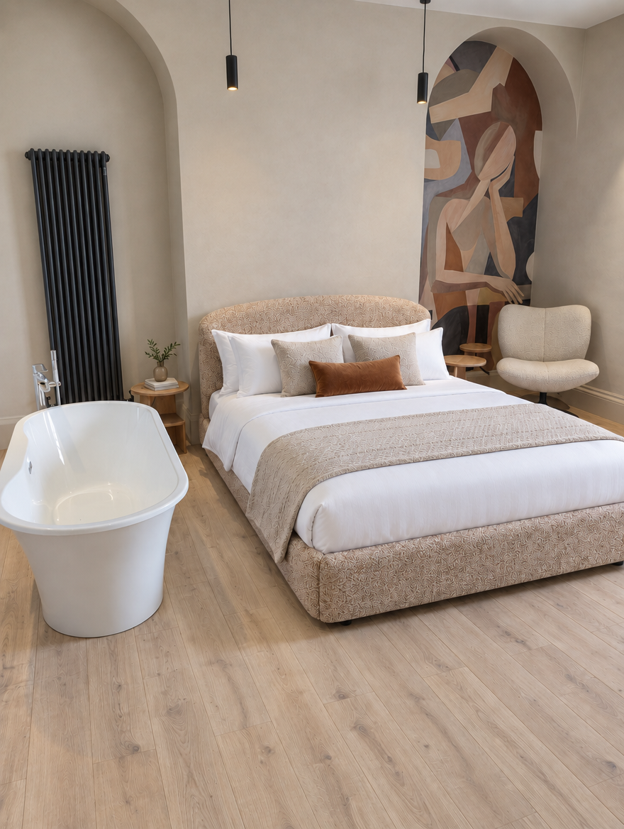 Large room with an upholstered bed, freestanding bath, armchair and abstract wall artwork.