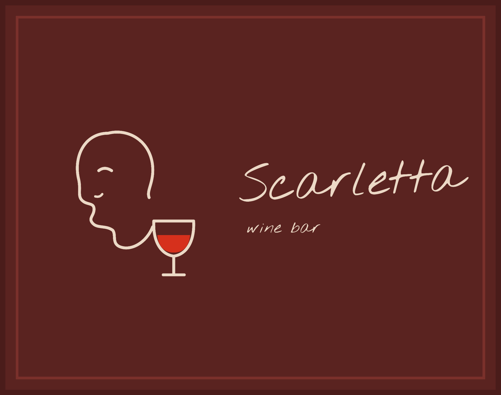 Scarletta wine bar artwork: a cream line drawing and a glass of red wine on burgundy.